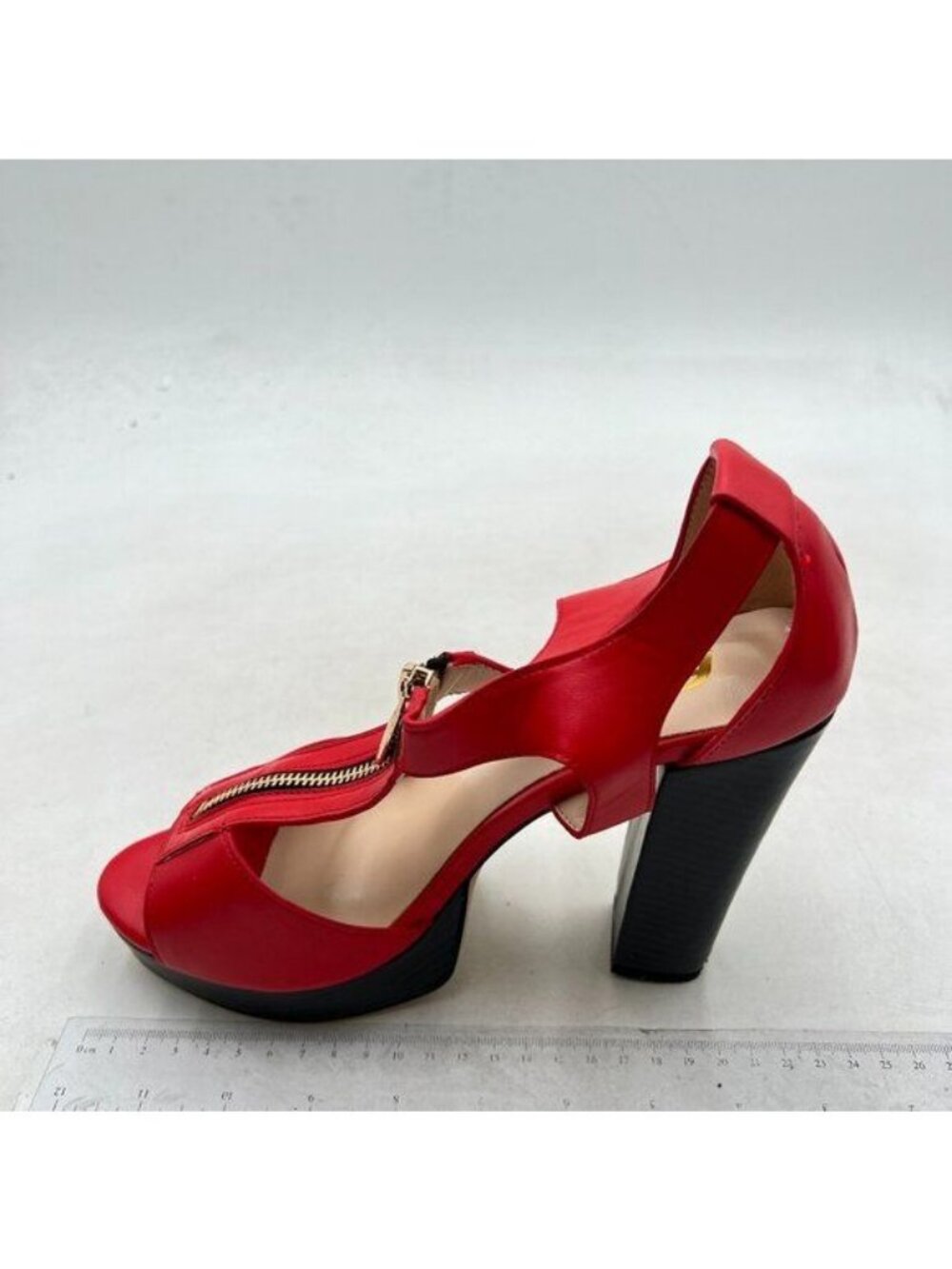 FSJ Women Peep Open Toe T-Strap Front Zipper Chunky Stacked High Heel Red Sandal